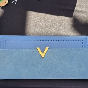 Blue Suede Clutch with Gold V Accent